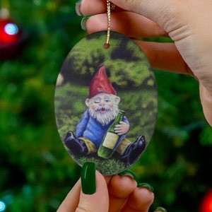 Garden gnome art car charm-Ceramic Ornament/ Wine lover gifts/ nerd gifts/ gnome gifts/ humorous ornament