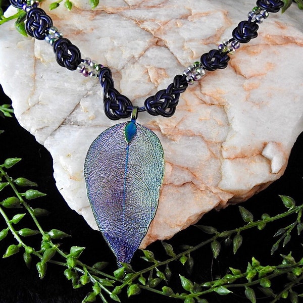 Iridescent leaf pendant on dark purple leather Celtic knot necklace-OOAK/gifts for women