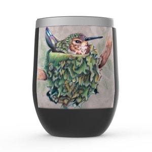 Hummingbird art 12oz stemless wine tumbler/ hummingbird gifts/ nature lover gifts/Art by K&#39;shia/ birdwatcher gifts