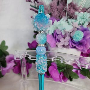 Handmade FANCY blue pink flower beaded pen