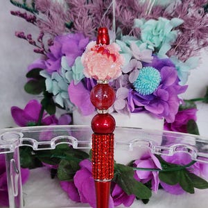 Handmade FANCY red flower beaded pen
