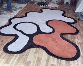 Modern Abstract Brown & White Wavy Rug, Hand Tufted Wool Wavy Amoeba Pattern Area Carpet
