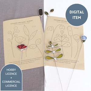 8 FLOWER and LEAF PATTERNS / Floral Bouquet / Diy Tutorial for Tiffany Stained Glass / Cutting Template for Glass / Pdf and Png
