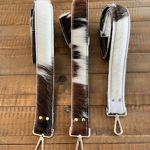 Cowhide Strap, Tri-Color Hide in Black, White and Brown, Cowhide w Leather Adjustable Strap for Purse, Camera or Guitar