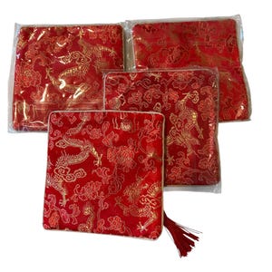 Set of 4 Red Silk Brocade Dragon Purse- Vintage Asian Style bag for Chinese Wedding Birthday special occasions