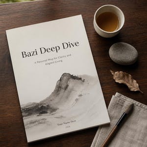 Puede incluir: Un folleto blanco titulado Bazi Deep Dive: A Personal Map for Clarity and Aligned Living, con una ilustración de montaña en tinta negra y gris, con el texto Your Name Here y 2024 impreso en la parte inferior de la portada.