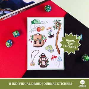 Pegatinas de elementos de clase: Druida. Calcomanías brillantes dibujadas a mano para juegos de rol. ¡Perfectas para personalizar tu diario o cuaderno!