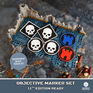 May include: A set of gaming tokens featuring two diamond-shaped and two circular markers with white skull icons on black backgrounds, plus one blue and one red circular marker with castle icons. Text reads TOURNAMENT READY TOKEN SET.
