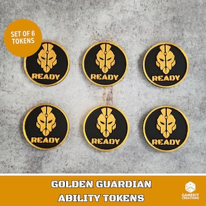 May include: A set of six circular tokens featuring a black background with a gold-coloured stylised helmet icon and the word READY printed in gold. Each token has a gold-coloured border. A circular orange graphic in the corner reads SET OF 6 TOKENS.