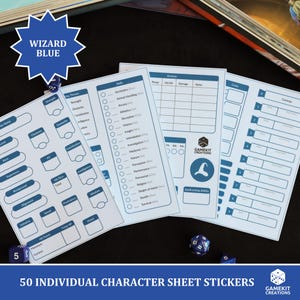 May include: Fifty individual character sheet stickers in blue and white. The stickers are designed for use with tabletop role-playing games. The stickers feature a variety of character stats and abilities.