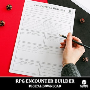 May include: A white RPG Encounter Builder sheet with handwritten notes and a pencil. The sheet includes sections for enemies, traps, tactics, and loot. The text "RPG ENCOUNTER BUILDER DIGITAL DOWNLOAD" is at the bottom.