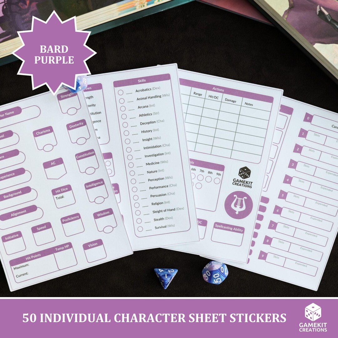 Bard Purple 5E Character Sheet Stickers for Player Journals – Erasable ...