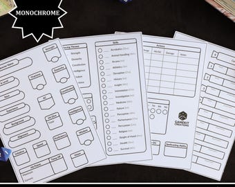 Puede incluir: Un conjunto de 50 pegatinas de hoja de personaje en blanco y negro para juegos de rol. Las pegatinas están diseñadas para ser usadas con una hoja de personaje estándar e incluyen espacios para el nombre del personaje, el nivel, la raza, la experiencia, el trasfondo, la alineación, los dados de golpe, la fuerza, la destreza, la constitución, la inteligencia, la sabiduría, el carisma, las tiradas de salvación, las habilidades, las acciones y más.