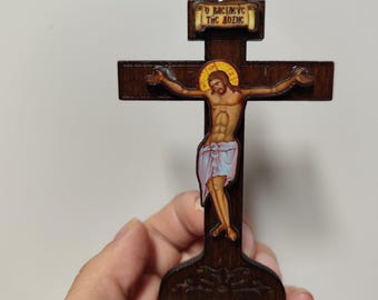 Wooden Orthodox Crucifix: Jesus Christ Icon, handmade cross