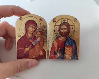 正教会の二連祭壇画イコン：聖母マリアとキリスト、宗教的な祈りのコーナー