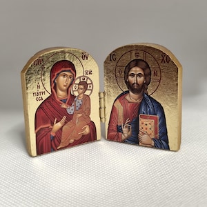Orthodox Pocket Diptych Icon • Virgin Mary & Christ Pantocrator • Theotokos Mini Icon Gift • Small Folding Religious Travel Icon