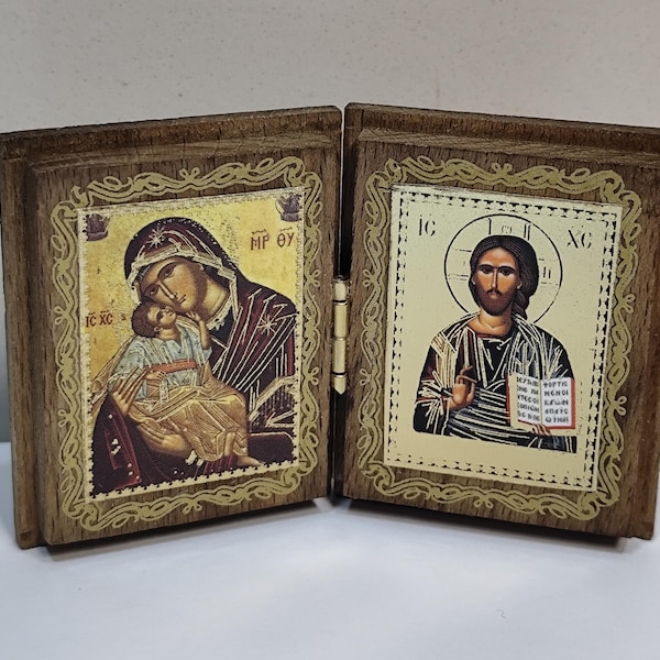 Miniatuur Orthodox iconendiptychon, Christus Pantocrator en de Maagd Maria, reisformaat