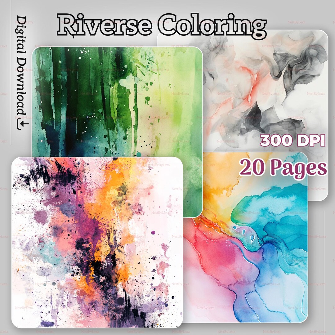 Abstract Watercolor Reverse Coloring Pages, 20 Designs (digital ...