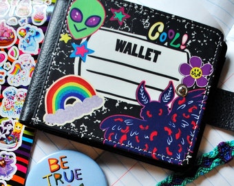 Composition Book Wallet With Side Clasp and ID Window | Notebook Stickers Bi-fold Wallet | Aliens Mothman Colorful Vegan Leather Wallet