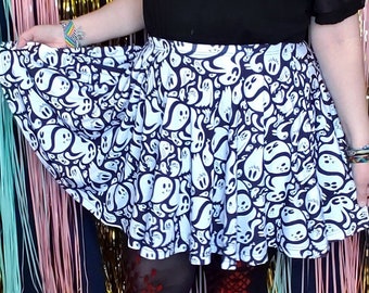 Ghost Skater Skirt With Pockets | Cute Spooky Ghost Spoopy Halloween Monster Fashion | One Size and Plus Size