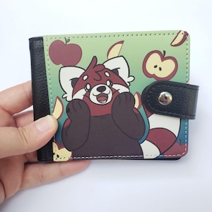 Cartera Panda Roja con cierre lateral y ventana de identificación / Cartera plegable Cute Fire Fox / Cartera de cuero vegano Pabu