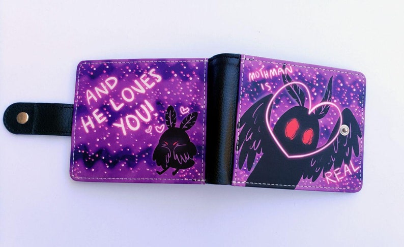 Mothman Wallet With Side Clasp and ID Window Cryptid Bi-fold Wallet Monster Vegan Leather Wallet image 3
