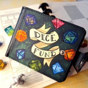 Dice Fund Wallet With Side Clasp and ID Window | DnD Dungeons and Dragons Bi-fold Wallet | Vegan Leather Wallet