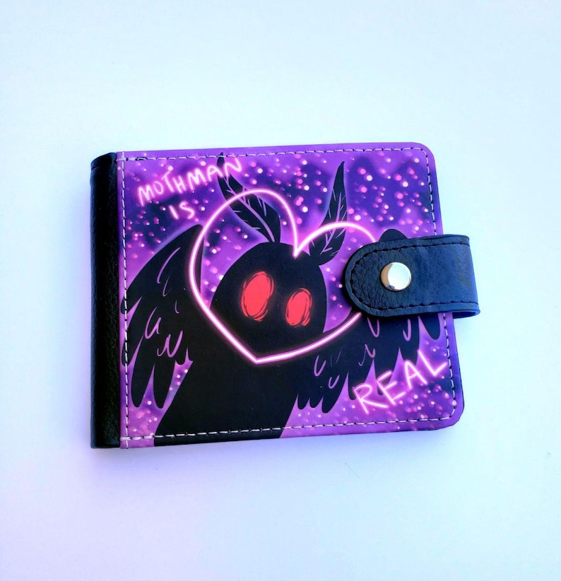Mothman Wallet With Side Clasp and ID Window Cryptid Bi-fold Wallet Monster Vegan Leather Wallet image 1