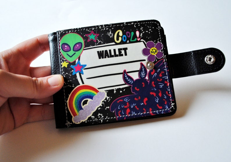 Composition Book Wallet With Side Clasp and ID Window Notebook Stickers Bi-fold Wallet Aliens Mothman Colorful Vegan Leather Wallet image 2