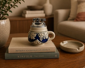 German Beer Stein Table Lighter Cobalt Blue Ceramic Barware