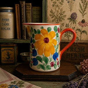 Könnte beinhalten: Eine weiße Keramikkrug mit einem großen gelben Blumenmuster, akzentuiert mit blauen und roten floralen Details. Der Krug hat einen orangefarbenen Griff und Rand. Er steht auf einer Holzoberfläche, mit einem Regal und Vintage-Artikeln im Hintergrund.