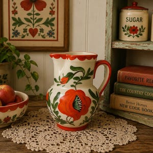 Könnte beinhalten: Eine cremefarbene Keramikkrug mit rotem Griff und Rand, verziert mit großen roten Mohnblumen-Designs und grünen Blättern. Eine passende Schüssel mit roten Äpfeln steht daneben, zusammen mit alten Kochbüchern und dekorativen Gläsern.