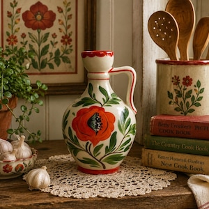 May include: A decorative ceramic pitcher with a red poppy design, a handle, and a red rim. The pitcher sits on a lace doily, with garlic in a bowl and cookbooks nearby. Wooden spoons are in a matching floral container.
