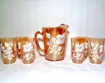 Vintage Jeanette Marigold Carnival Glass Hibiscus Pitcher Set with 6 Tumbler Glasses - Excellent Condition