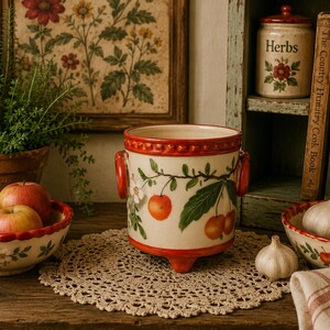 May include: A ceramic pot with red handles and a decorative apple design, alongside a bowl of apples and a small doily. A jar labeled "Herbs" and books are on a shelf in the background. The scene evokes a rustic, country kitchen aesthetic.