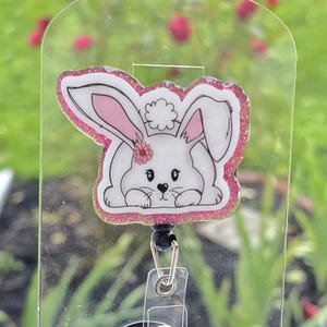 Witte paashaas met bloem! Naamplaatje houder badgehaspel, ID-houder