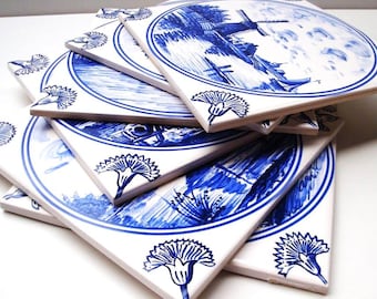 6er Set 15X15 Fliesen Delfter Art, blau, weiß, fest eingebrannt