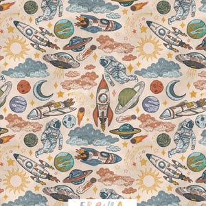 May include: A repeating pattern featuring rockets, planets, astronauts, and celestial elements in a vintage style. The design includes suns, moons, stars, and clouds in shades of orange, blue, and brown. The text "FREYA ILLUSTRATES NEUTRAL - NON EXCLUSIVE" is at the bottom.