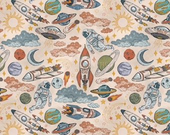 May include: A repeating pattern featuring rockets, planets, astronauts, and celestial elements in a vintage style. The design includes suns, moons, stars, and clouds in shades of orange, blue, and brown. The text "FREYA ILLUSTRATES NEUTRAL - NON EXCLUSIVE" is at the bottom.