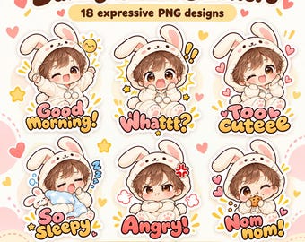 Bunny Hoodie Chibi Digital Stickers: 18 Transparent PNGs for Planners