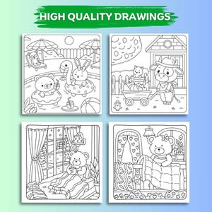 Puede incluir: Cuatro p&aacute;ginas para colorear en blanco y negro con animales de dibujos animados en varias escenas. Una muestra un oso y un conejito en flotadores de piscina, otra una vaca con un carro y dos m&aacute;s osos en ambientes acogedores. El texto "HIGH QUALITY DRAWINGS" est&aacute; en la parte superior.