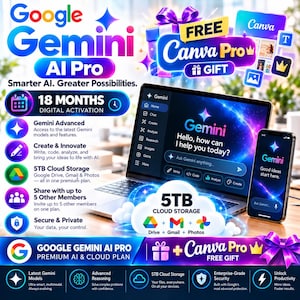 May include: A promotional graphic for Google Gemini AI Pro featuring a laptop and smartphone displaying the Gemini interface. Text highlights include 18 months of digital activation, 5TB of cloud storage for Drive, Gmail, and Photos, and a free Canva Pro gift.