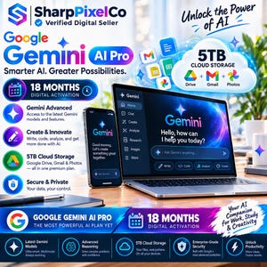 Google Gemini AI Pro 18 maanden + 5 TB cloudopslag (digitale activering)