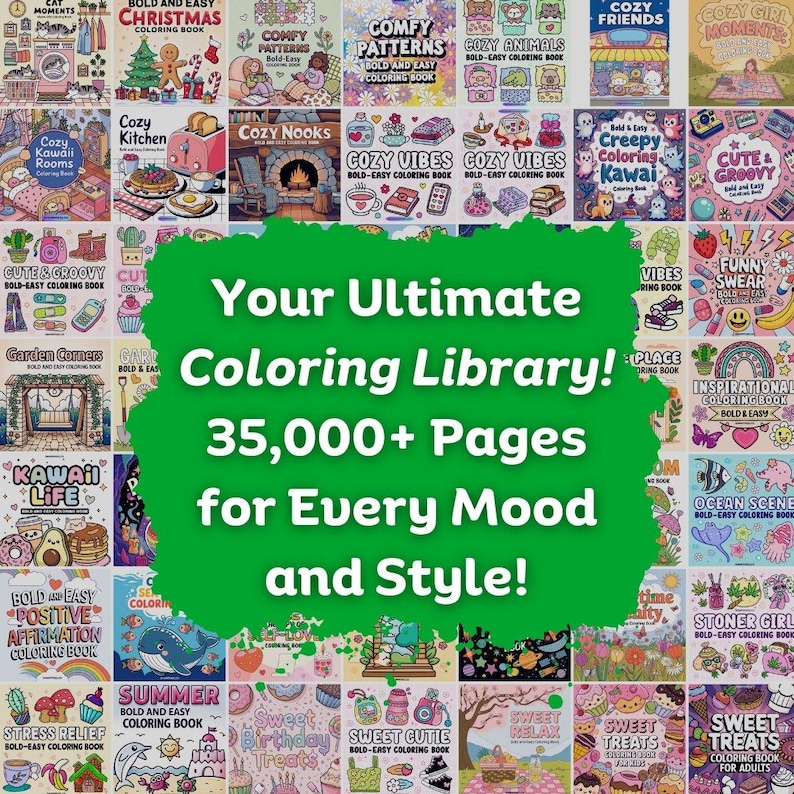 Puede incluir: Una colecci&oacute;n de libros para colorear con varios temas, incluyendo Navidad, Kawaii y Cozy Vibes. La imagen presenta un c&iacute;rculo verde con el texto "Your Ultimate Coloring Library! 35,000+ Pages for Every Mood and Style!"