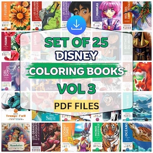 Può includere: Una collezione di 25 libri da colorare Disney, Vol 3, in formato PDF. L'immagine presenta una varietà di copertine di libri con illustrazioni colorate di fiori, personaggi e scene. Il testo include "Disney Coloring Books" e "Set of 25".