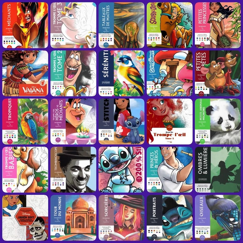May include: A collection of colorful coloring books featuring various themes and characters. The books showcase illustrations from Disney movies, classic art, and other popular subjects. The covers display titles in French and English.