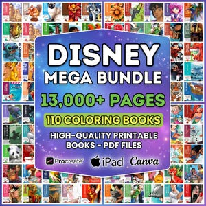 Può includere: Un Mega Bundle digitale Disney con oltre 13.000 pagine e 110 libri da colorare. L'immagine presenta uno sfondo viola e blu con il testo "DISNEY MEGA BUNDLE" e "13.000+ PAGES". Il bundle include libri stampabili di alta qualità in file PDF.