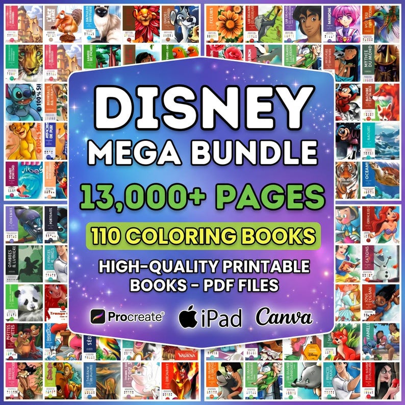 May include: A digital Disney Mega Bundle with 13,000+ pages and 110 coloring books. The image features a purple and blue background with the text "DISNEY MEGA BUNDLE" and "13,000+ PAGES". The bundle includes high-quality printable books in PDF files.