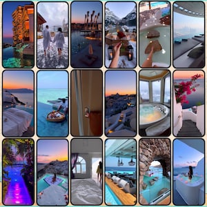 May include: A collection of images depicting luxury travel and leisure. The scenes include outdoor swimming pools, spas, and picturesque views of mountains, oceans, and cityscapes. Some images feature couples, while others show elegant hotel rooms and outdoor dining.