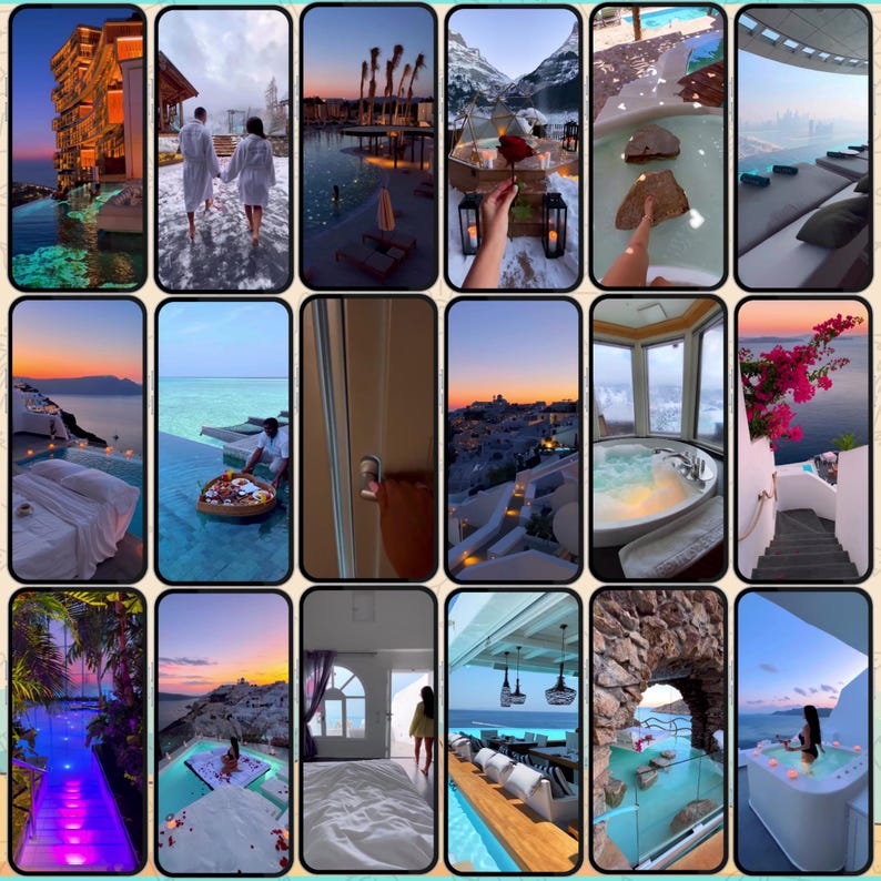 May include: A collection of images depicting luxury travel and leisure. The scenes include outdoor swimming pools, spas, and picturesque views of mountains, oceans, and cityscapes. Some images feature couples, while others show elegant hotel rooms and outdoor dining.